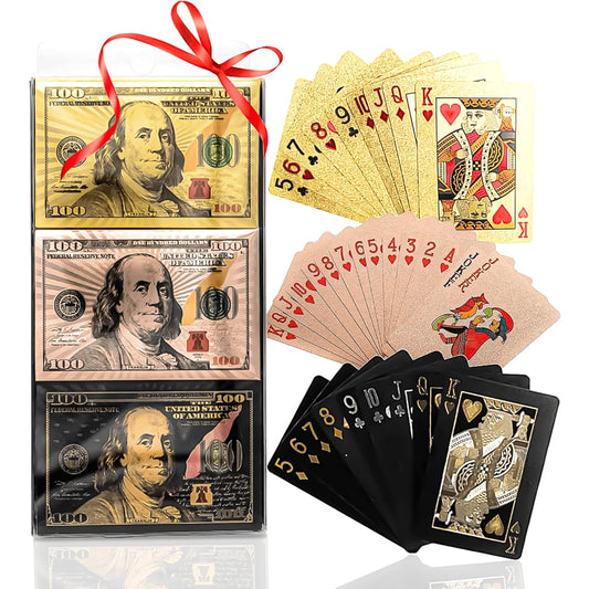 Magic Kiss Waterproof Gold and Silver Foil Poker Playing Cards Deck of Plastic Playing Cards Gift (3 Decks (Gold+Rose Gold+Black))