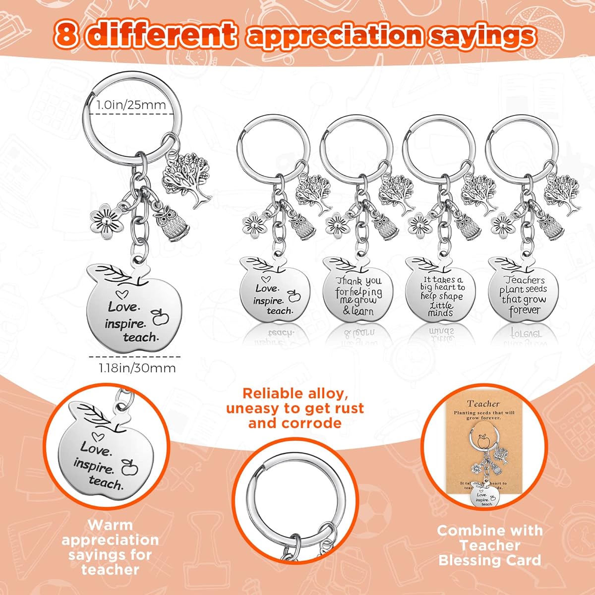 Henoyso Teacher Gifts Teacher Keychain Valentine's Day Gifts Teacher Appreciation Appreciation 8pcs