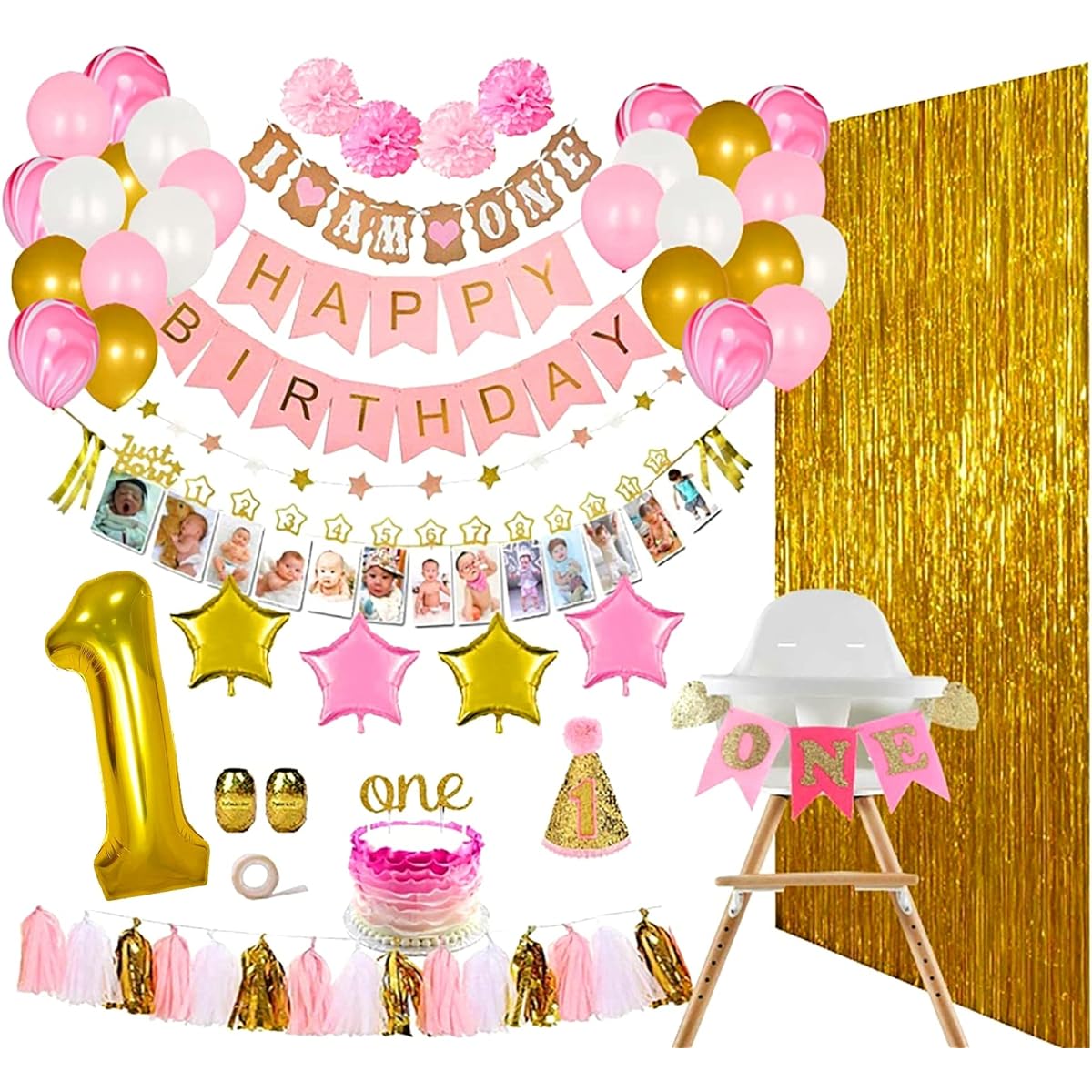 ReignDrop 1st Birthday Girl Decorations and Party Supplies 139 Pieces - Highchair, Balloons, 12 Month Milestones, Garland, Cake Topper, Pom Poms, Party Hats, Backdrop, Pink, Pearl White, Gold Decor Pack