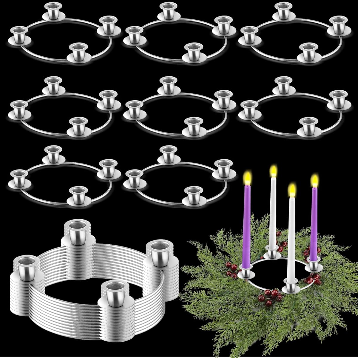 Mifoci Christmas Candle Rings Wreath Advent Wreath Ring Advent Candle Christmas Silver Advent Holder Christmas Advent Ring Wreath Table Decoration Tapered Metal Candle Holder for Home Decoration 20pcs