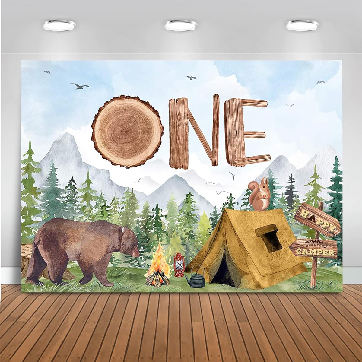 Mocsicka Forest Camping Birthday Backdrop Happy Camper Birthday Decorations Boy Adventure 1st Happy Camper Birthday Party Supplies Tent Campfire Photography Background (7x5ft(82x60in)