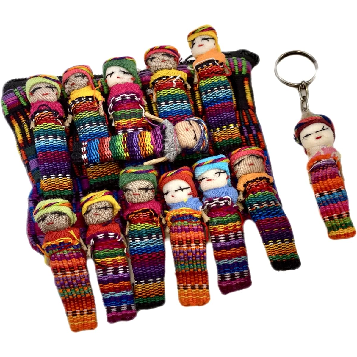 Guatemala Worry Doll Set of 12 - 5.5 x 1cm Traditional Trouble Dolls with Cute Storage Bag and Extra Keychain Doll - Fun and Vibrant Colors - Woven Small Dolls for Adults (14 Piece Set)
