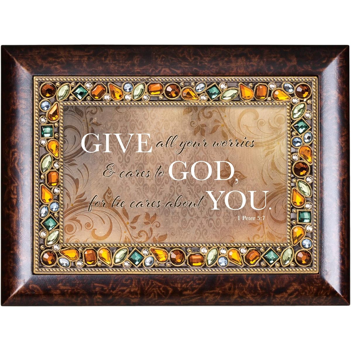 Cottage Garden Give All Worries & Cares Amber 9 x 7 inch MDF Wooden Music Box with Curved Amazing Grace