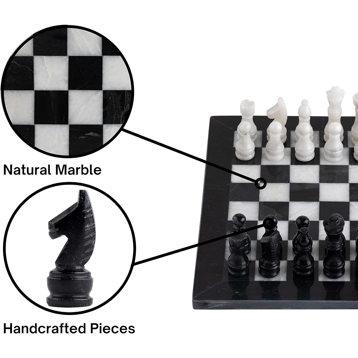 Marble Chess Set - Stunning Handcrafted Board and Chess Pieces - 12 x 12 Inch