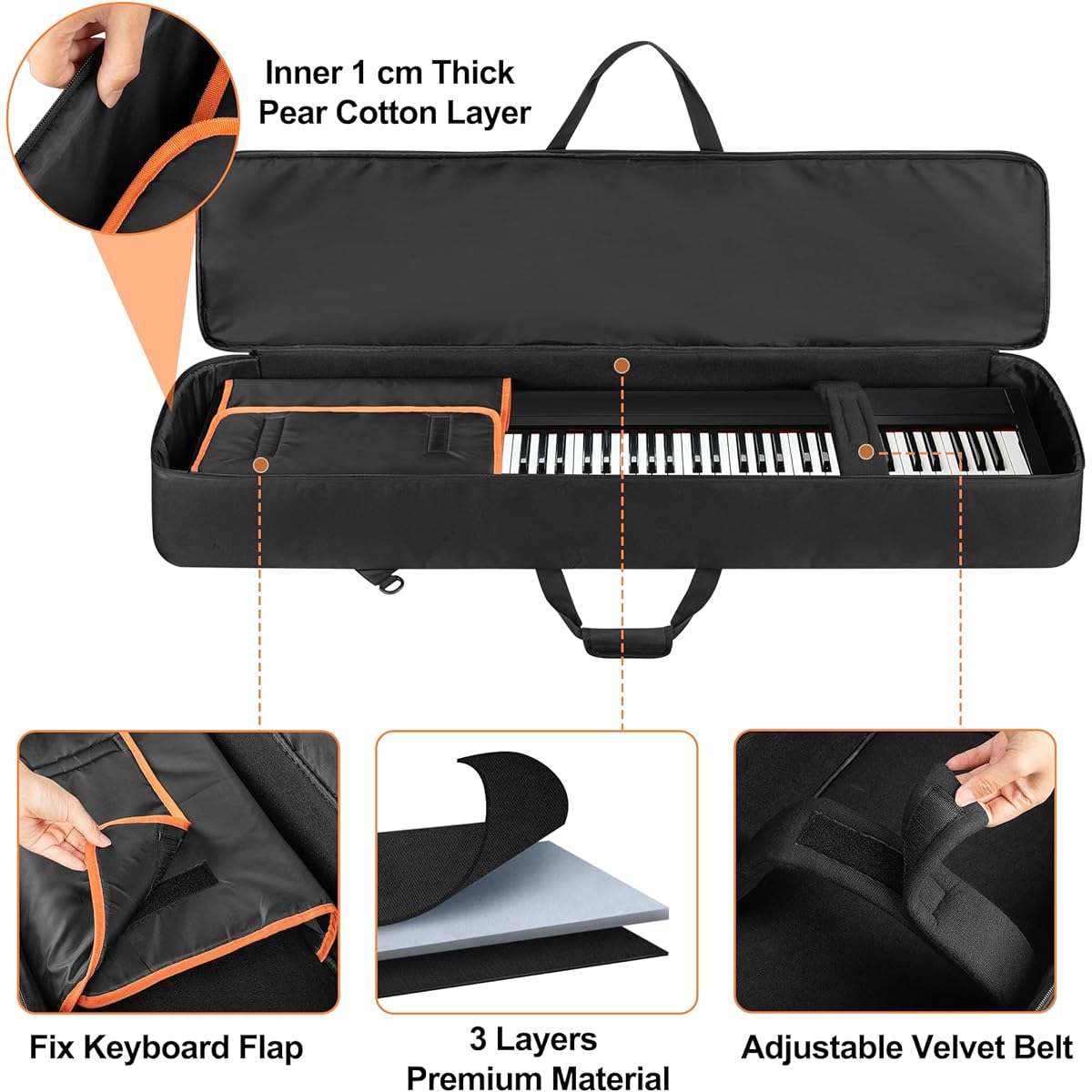 GRAOSO Padded 88 Key Keyboard Case, Soft Piano Bag with Padded Handle and Detachable Shoulder Strap, Travel Keyboard Gig Bag with 6' Bottom and 3 Front Pockets for Cables, Sheet Music, Black, Black///White