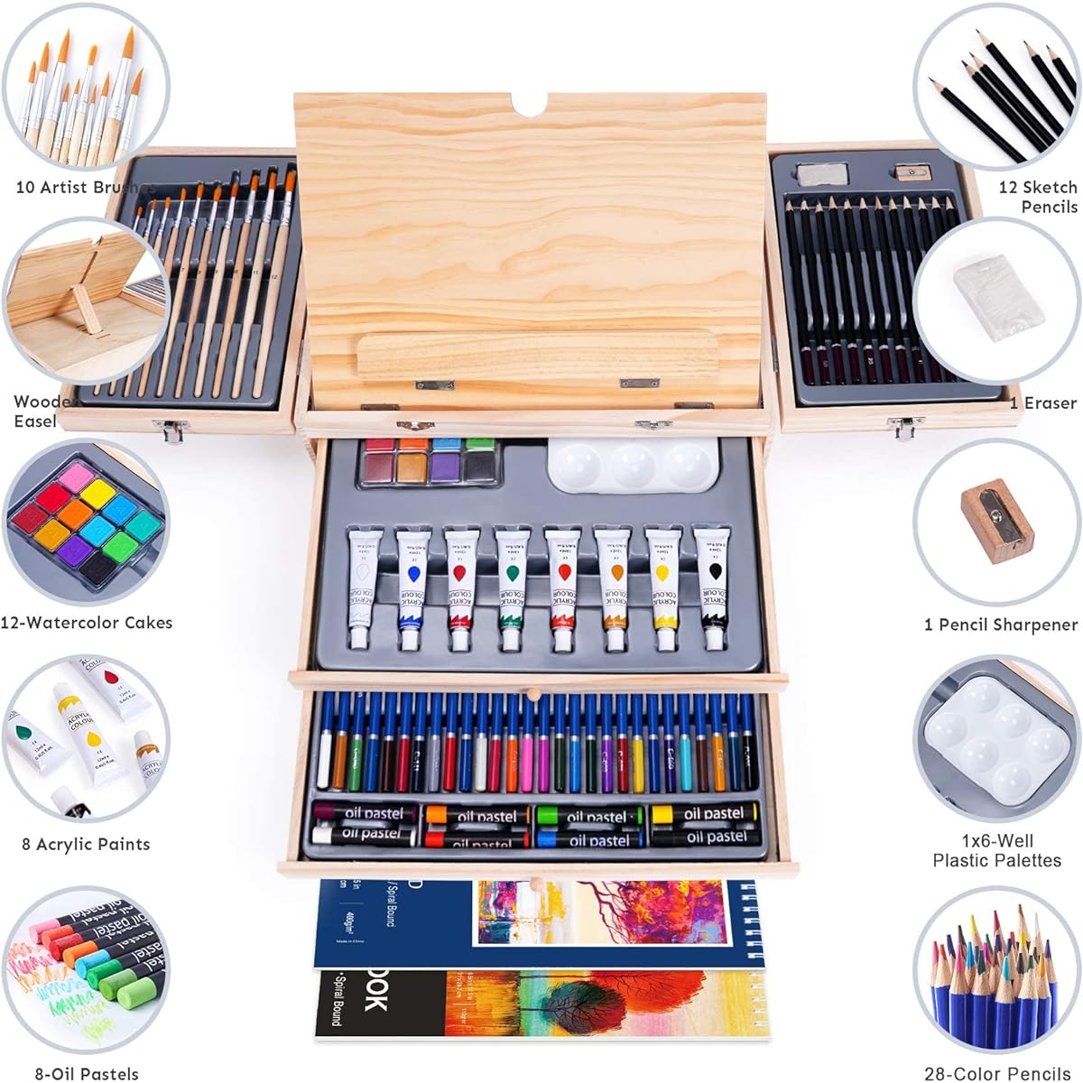 Paint Set 85 Pieces Deluxe Wooden Art Set Craft Drawing Kit with Easel and 2 Drawing Pads Creative Gift Box for Teens Adults Beginner Artists Art Kit Art Supplies