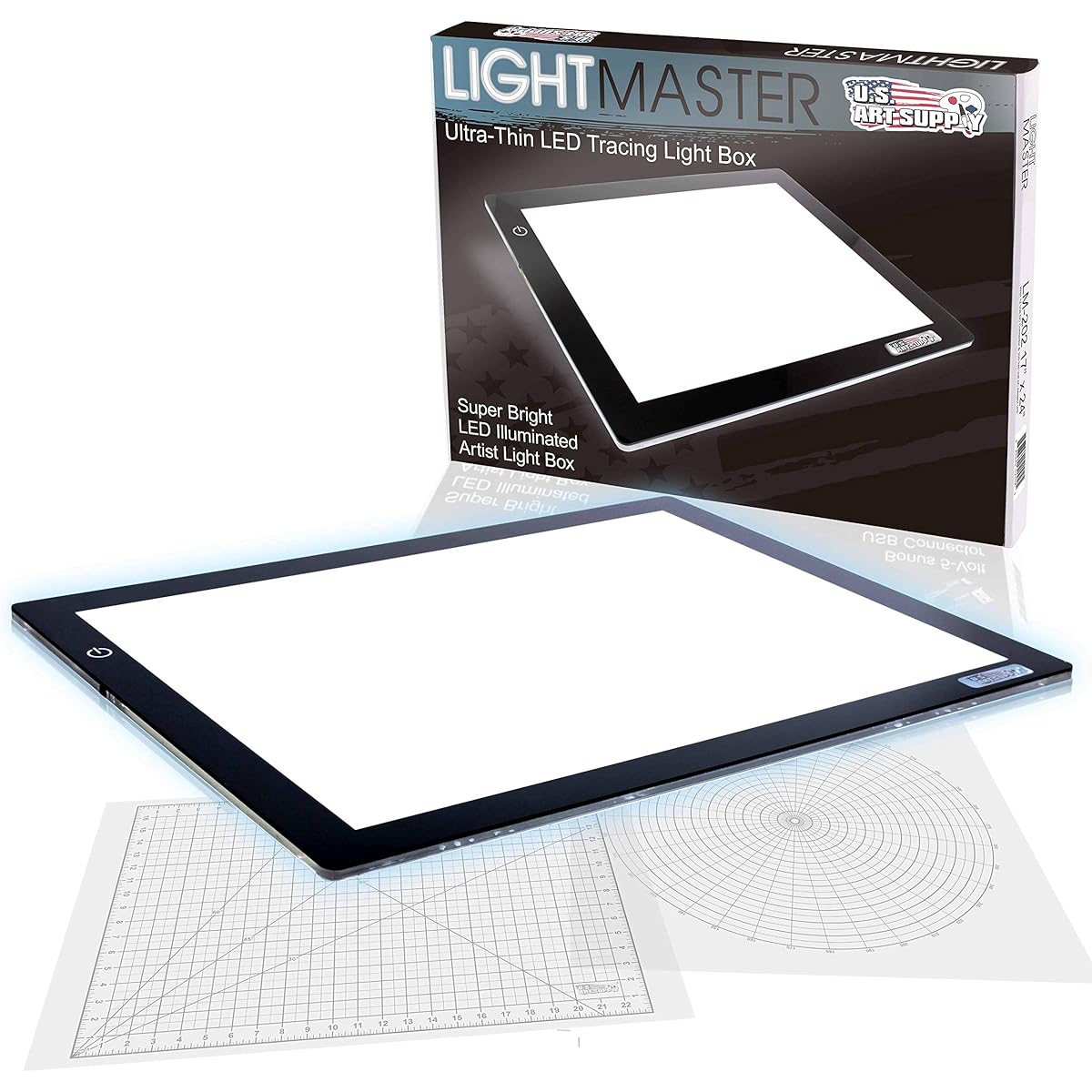 Large(A2) 17x24 LED Lightbox Board- 12-Volt Super-Bright Ultra-Thin 3/8 Profile Light Box Pad with 110V AC Power Adapter & Dimmable LED Lamps. Now Includes for FREE: 1 Measuring Overlay Grid & 1 Circle Template/Protractor 1-Year Warranty by US Art Supply