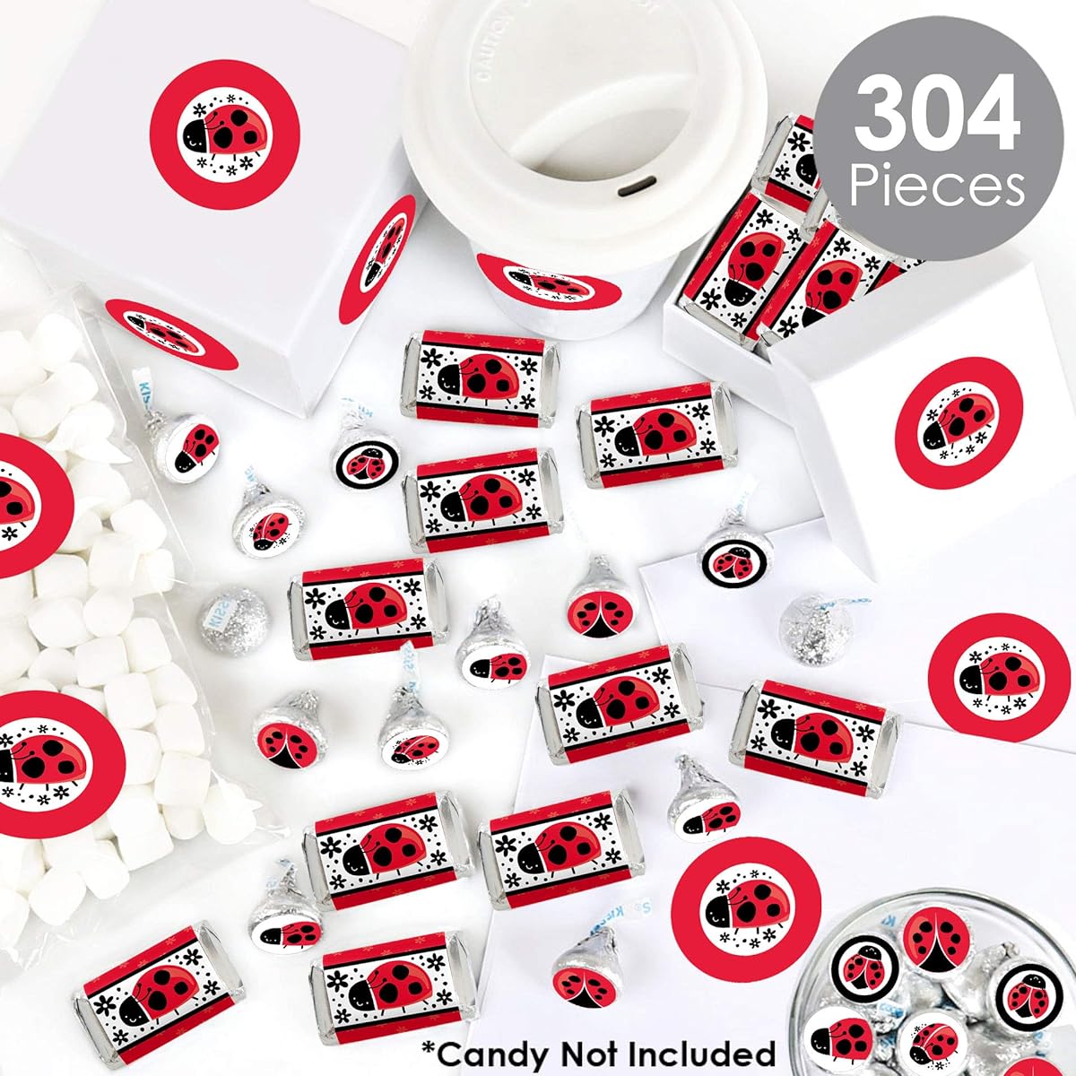 Big Dot of Happiness Happy Little Ladybug - Mini Candy Bar Wraps, Round Candy Stickers and Circle Stickers - Baby Shower or Birthday Party Candy Favors Sticker Kit - 304 Pieces