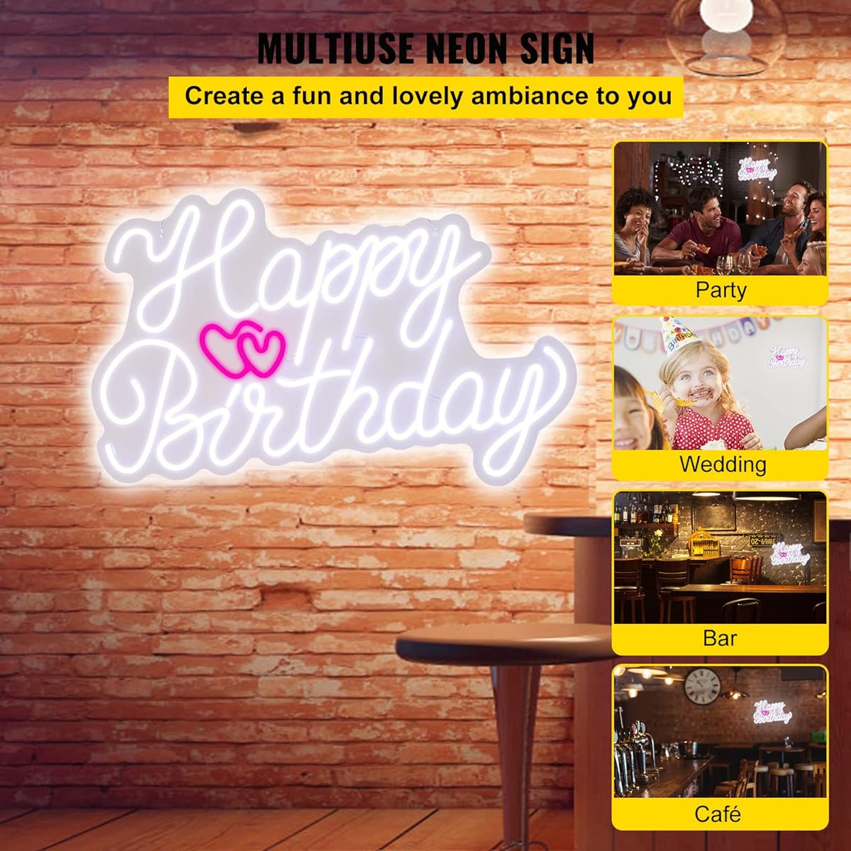 VEVOR Happy Birthday Neon Sign, 28" x 18" LED Neon Light Sign with Adjustable Brightness, Dimmer Switch and Power Adapter, Reusable for Party Club Celebration Decorations, White