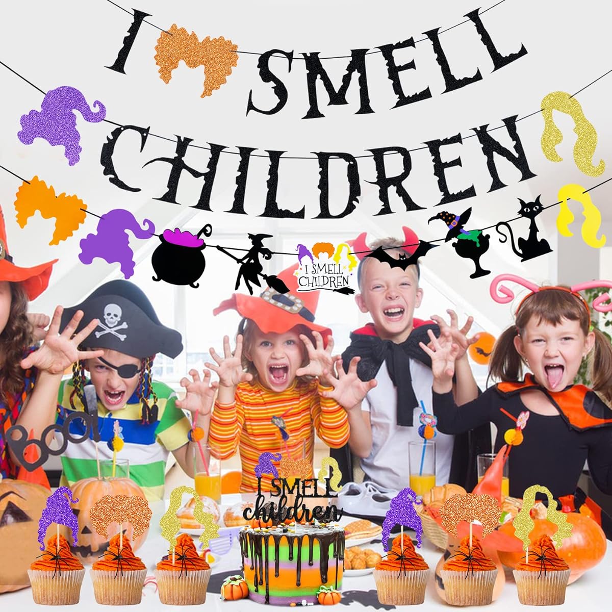 Glitter I Smell Kids Banner and Hocus Pocus Theme Banner Cupcake Toppers - Hocus Pocus Party Decor I Smell Kids Decorations Hocus Pocus Cupcake Toppers Decorations Halloween Decorations for Home Fireplace Mantle Office