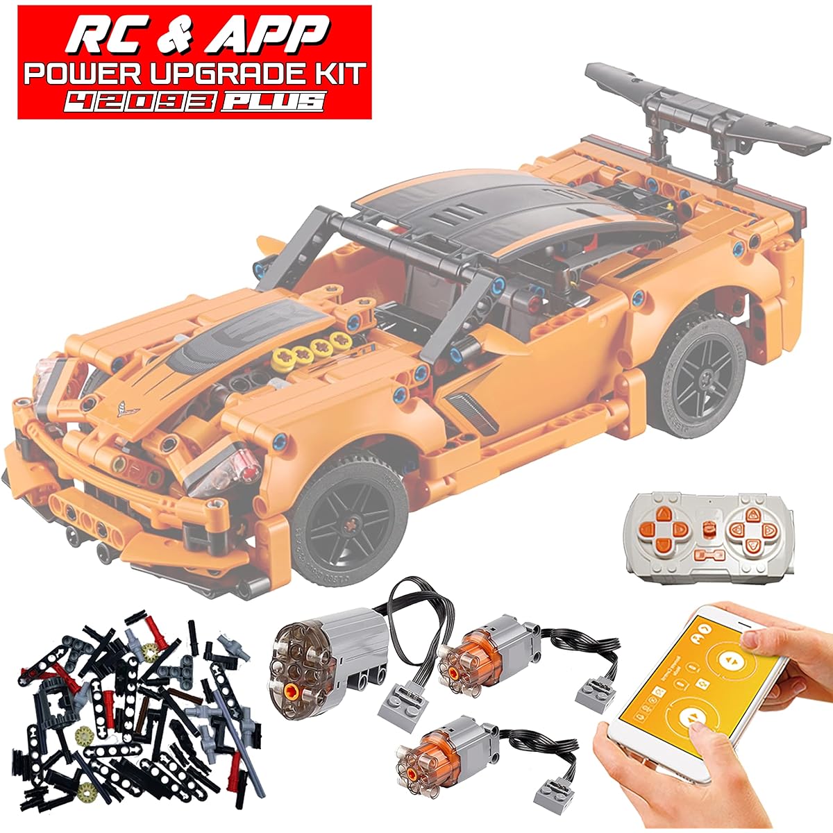 Enhanced electric driving modification kit compatible with Lego Technic Corvette ZR1 (PLUS) 42093 model, can be controlled by remote control or mobile app. Evolve your Lego bricks into an automatic car (not a Lego toy, just modified parts)