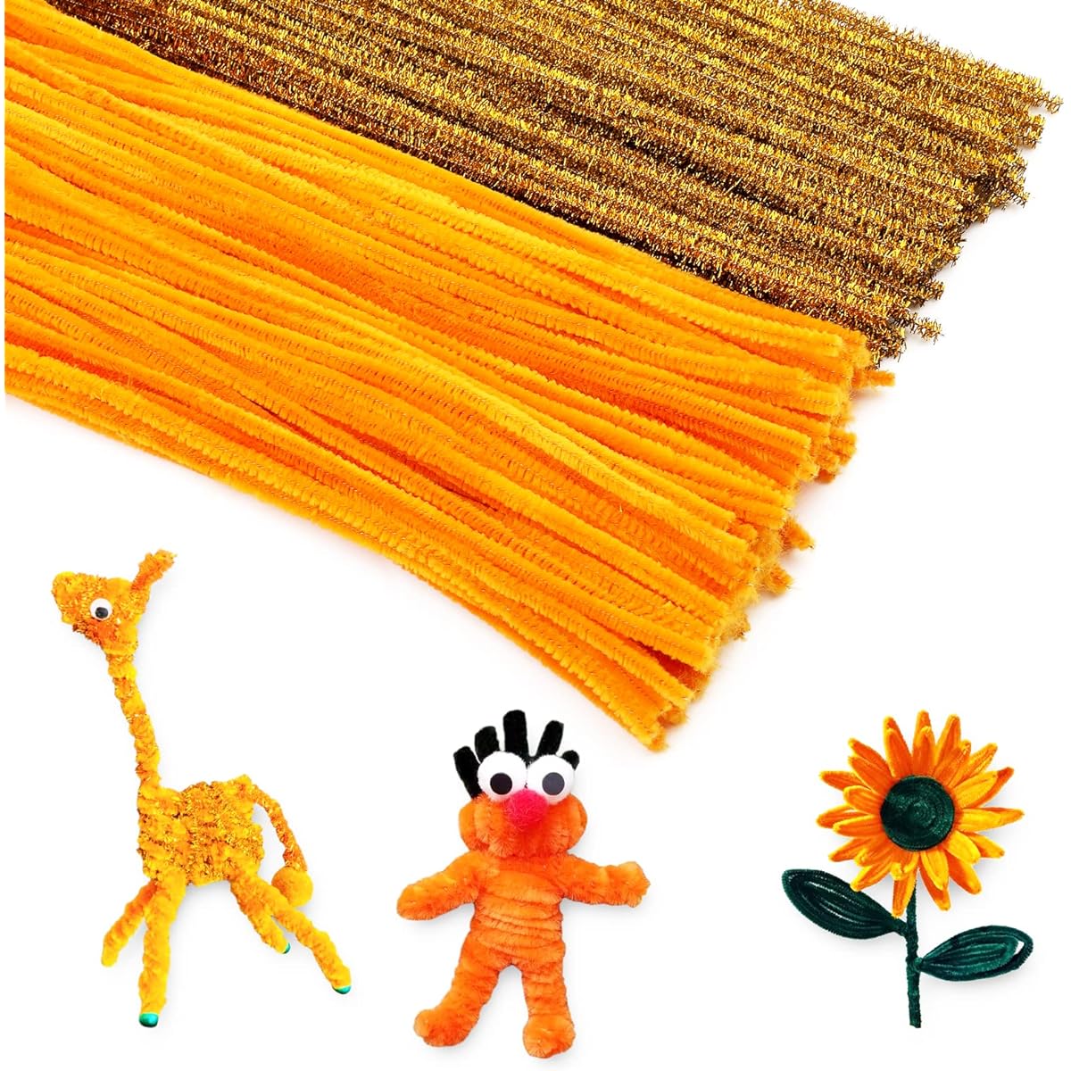 200pcs Christmas Gold Pipe Cleaners Chenille Stems Set 100pcs Orange + 100pcs Glitter Gold Craft Pipe Cleaners DIY Fuzzy Sticks Pipe Cleaners Bulk for Arts & Crafts Christmas Home Decoration