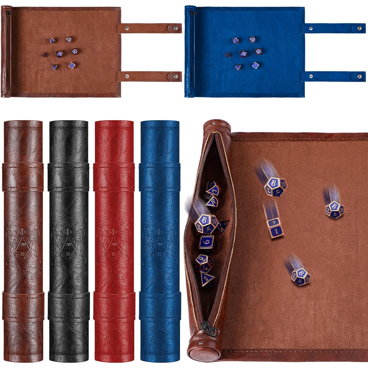 Sadnyy Dice Tray Rolling Mat with Zipper and Dice Holder Polyhedral Folding Dice Tray PU Leather Scroll Dice Bag for Dice Table Game Accessories Black Red Blue Brown