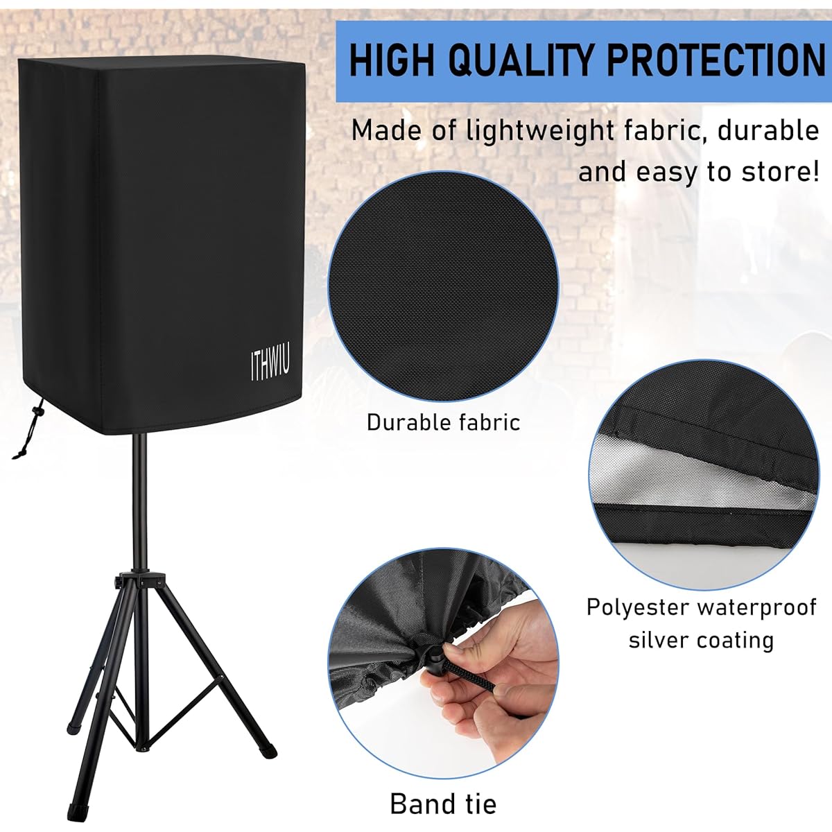 ITHWIU 15" PA/DJ Lightweight Power Speaker Cover for Stand Mount Speakers - Tear Proof, UV Resistant, Waterproof with Adjustable Drawstring, Black