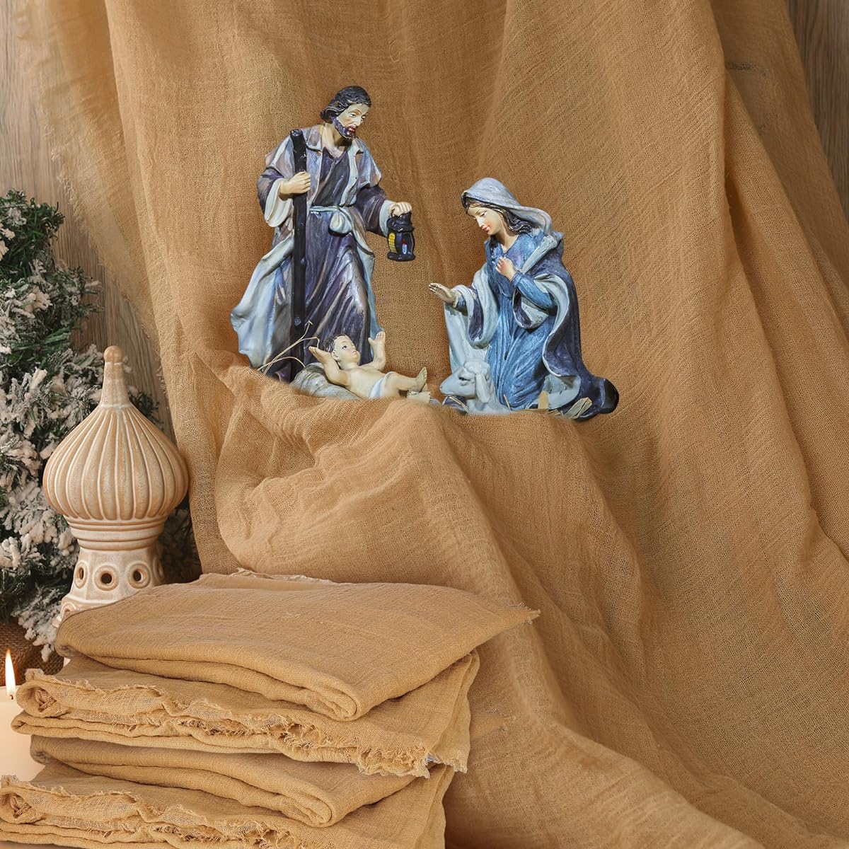 Christmas Nativity Table Runner 47 x 70 Inch Burlap Table Runner Rustic Table Runner Nativity Scene Accessories Christmas Party Home Kitchen Farmhouse Table Decor