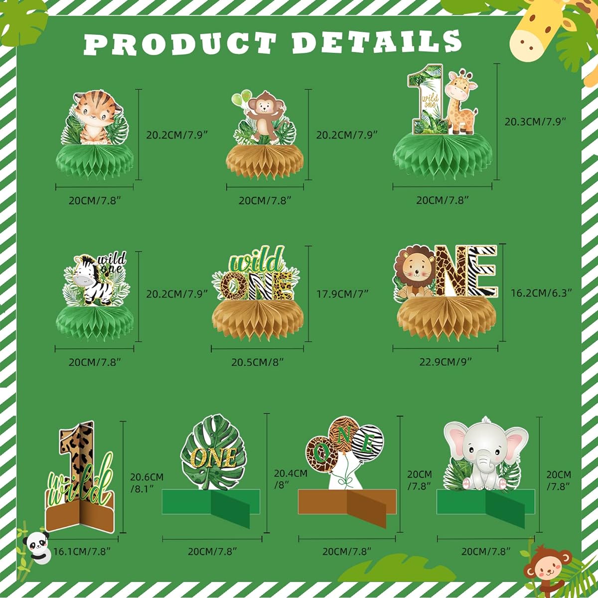 Wild One Honeycomb Centerpieces Birthday Decorations for Boys and Girls, Safari Centerpieces for Table, 3D Double Sided Baby Shower Jungle Animal Party Decorations, 10pcs