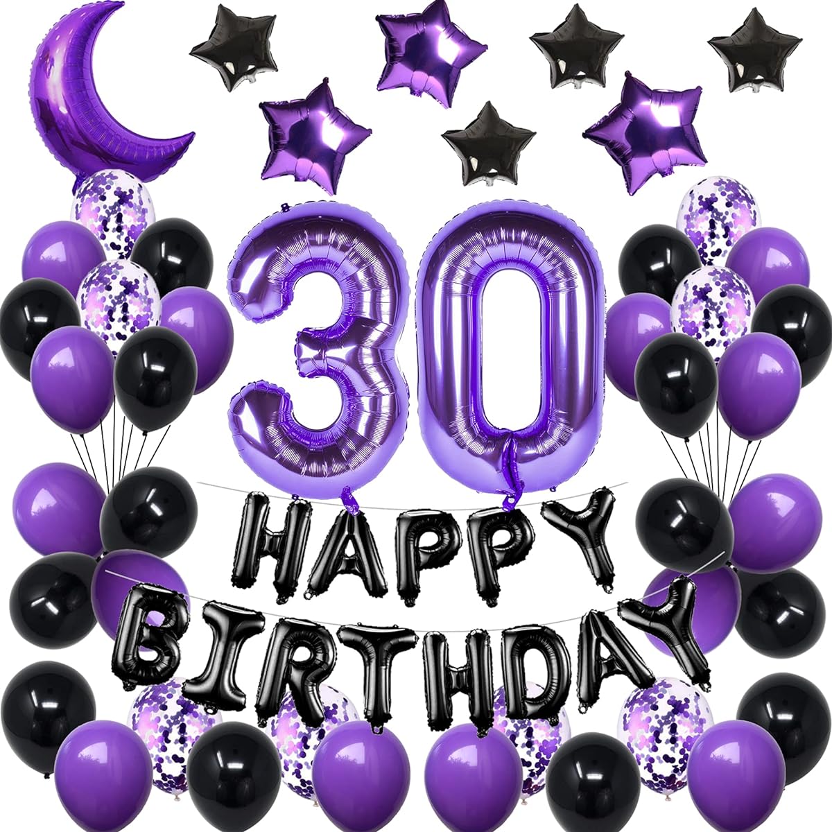 NANINUNENO 30th Birthday Decorations Set for Girls Women Boys Men Purple Black 30pcs Happy Birthday Balloons Supplies Purple Number Balloons 30pcs Happy Birthday Banner and Moon Balloon