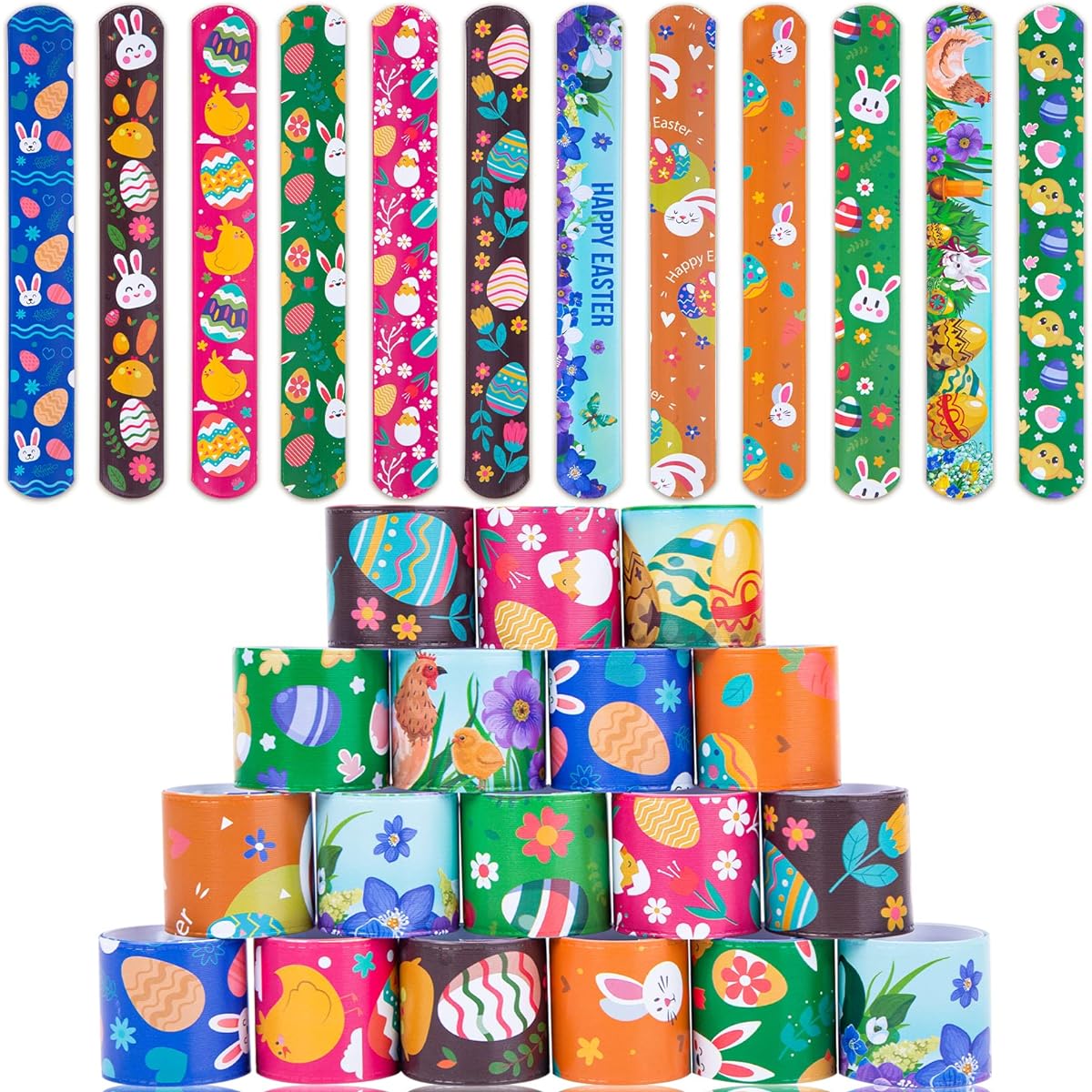 MCPINKY Slap Bracelets for Kids, Easter Slap Wristbands, Snap Bracelets Toys Pre-Filled Easter Eggs Party Goodie Bag Fillers Class Rewards