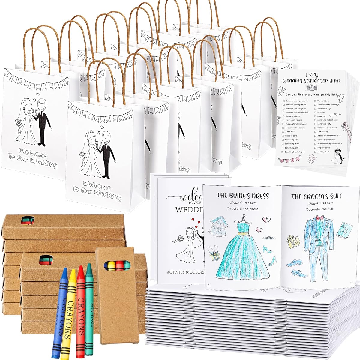 Gueevin 12 Set Wedding Activities Coloring Books for Kids Individually Wrapped Wedding Coloring Books and Crayons Wedding Gifts Goodie Bags Scavenger Hunt Sheets Kids Wedding Games Favors