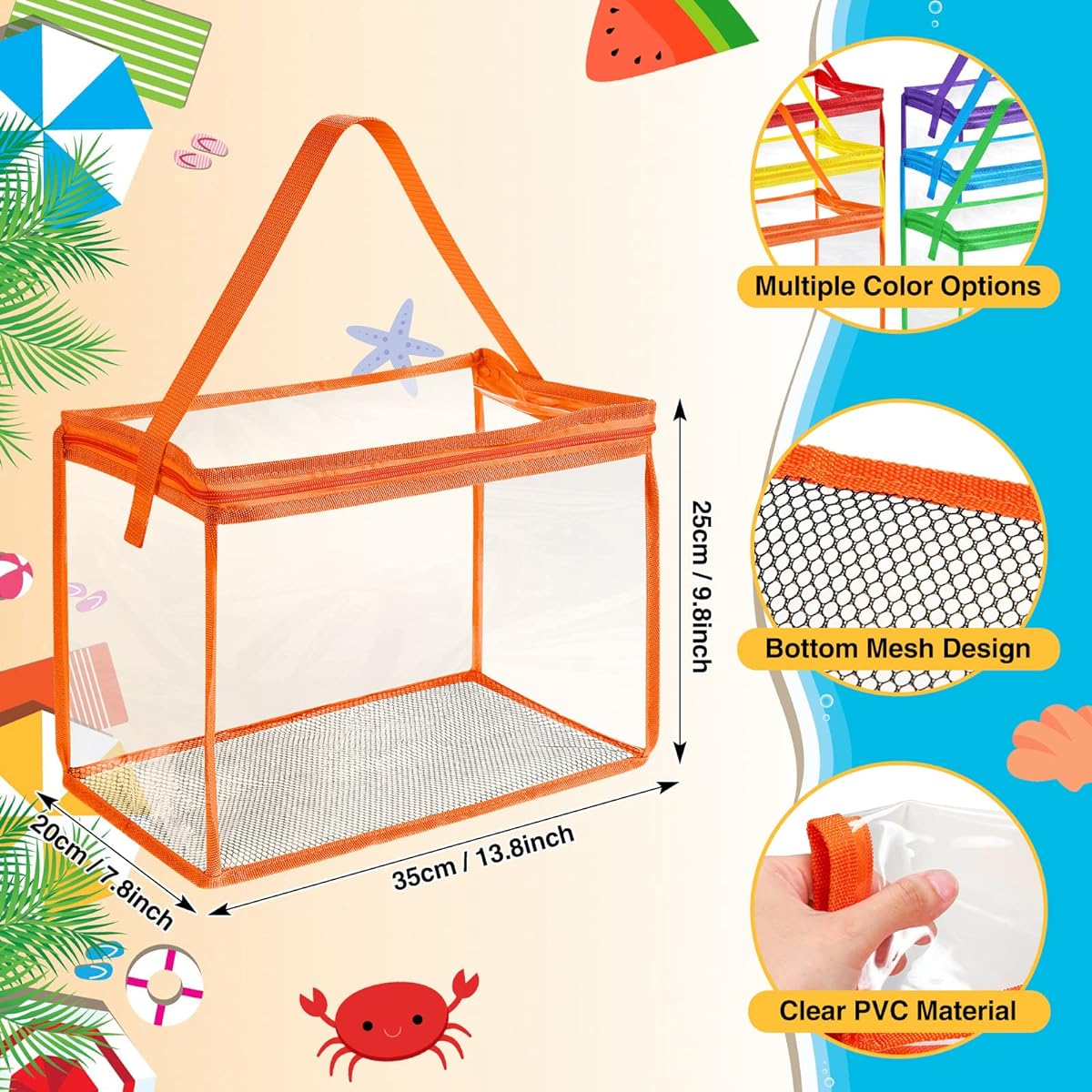 Chunful Beach Bag 6 Pack 6 Colors PVC Beach Tote with Mesh Panel and Zipper Sand Away Storage Bag for Sand Toys Pool Supplies
