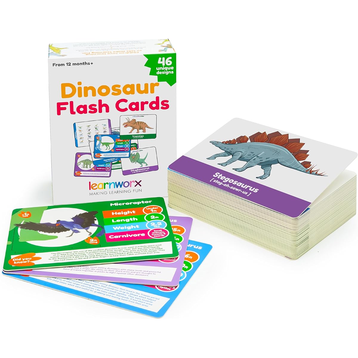 Dinosaur Flashcards for Kids - Dinosaur Games, Learn Fun Facts and Statistics - 46 Unique Flashcards - Ages 4 5 6 7 8 9 10