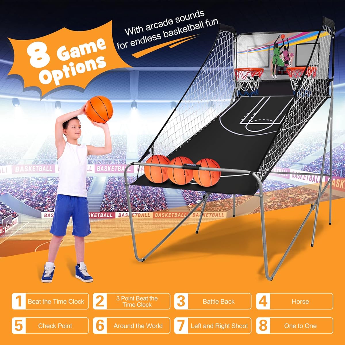 Goplus Dual Shot Basketball Arcade Game, Foldable Electronic Basketball Game Machine for 2 Players, 8 Game Options, LED Scoreboard, 4 Balls, Pump for Kids and Adults, Indoor/Outdoor Use