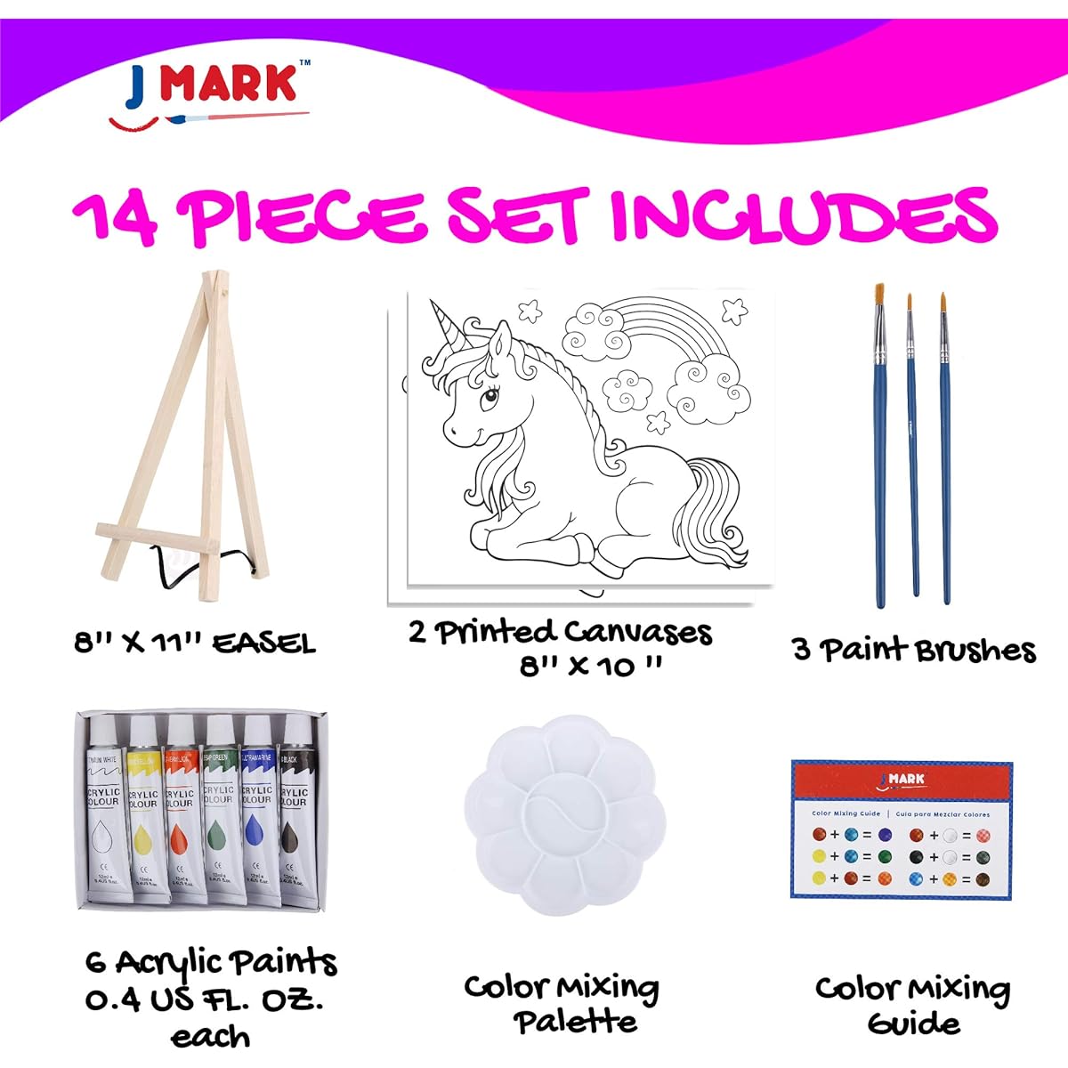 Paint Easel Kids Art Set - 14 Piece Acrylic Paintings, 6 Non-Toxic Washable Paints, 1 Wood Easel, 2 8 x 10 Inch Stencil Canvases, 3 Brushes, Palette and Color Mixing Chart, Craft Supplies