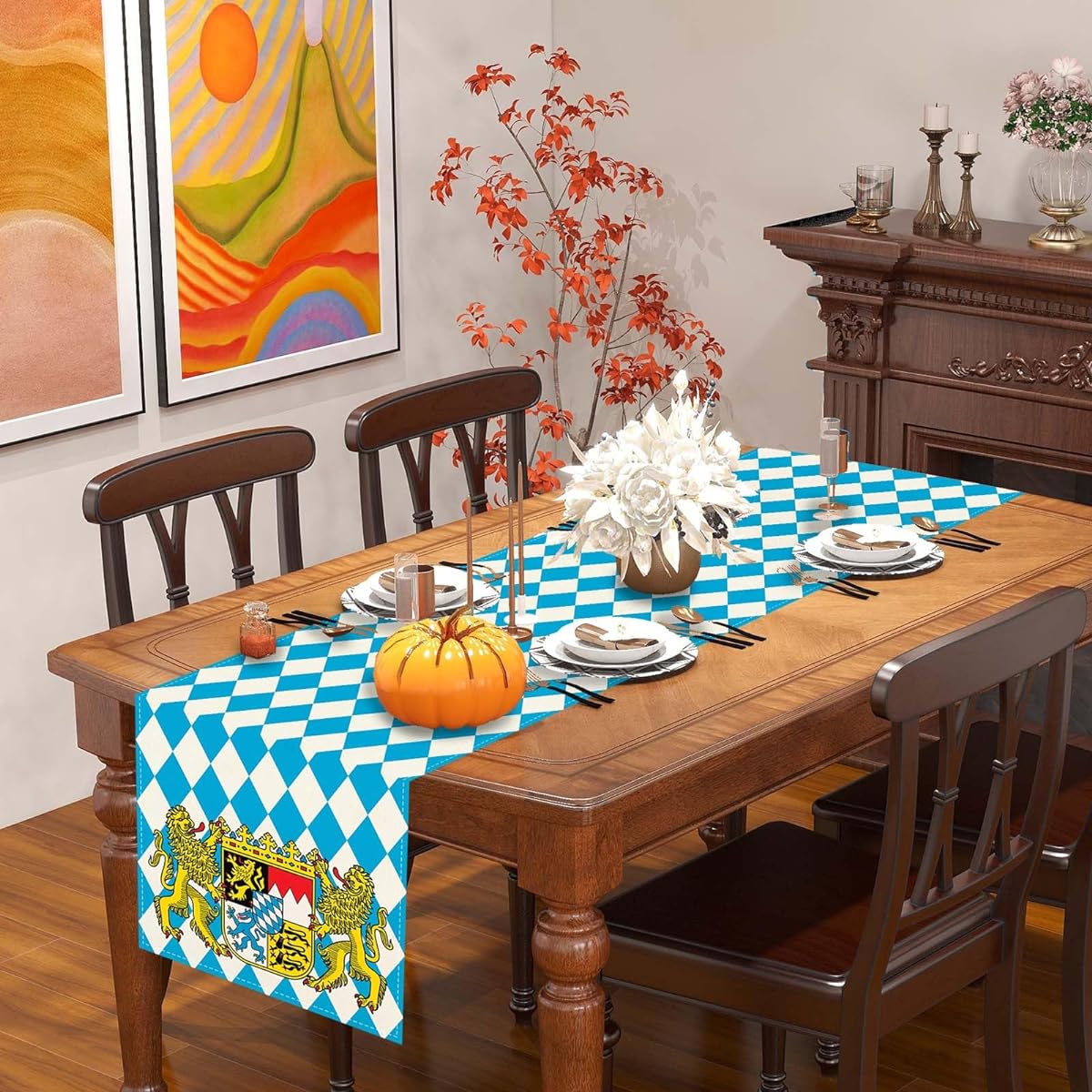 FARMNALL Linen Blue Oktoberfest Table Runner Bavarian Party German Flag Tablecloth Bavarian Oktoberfest Beer Party Decorations and Home Supplies