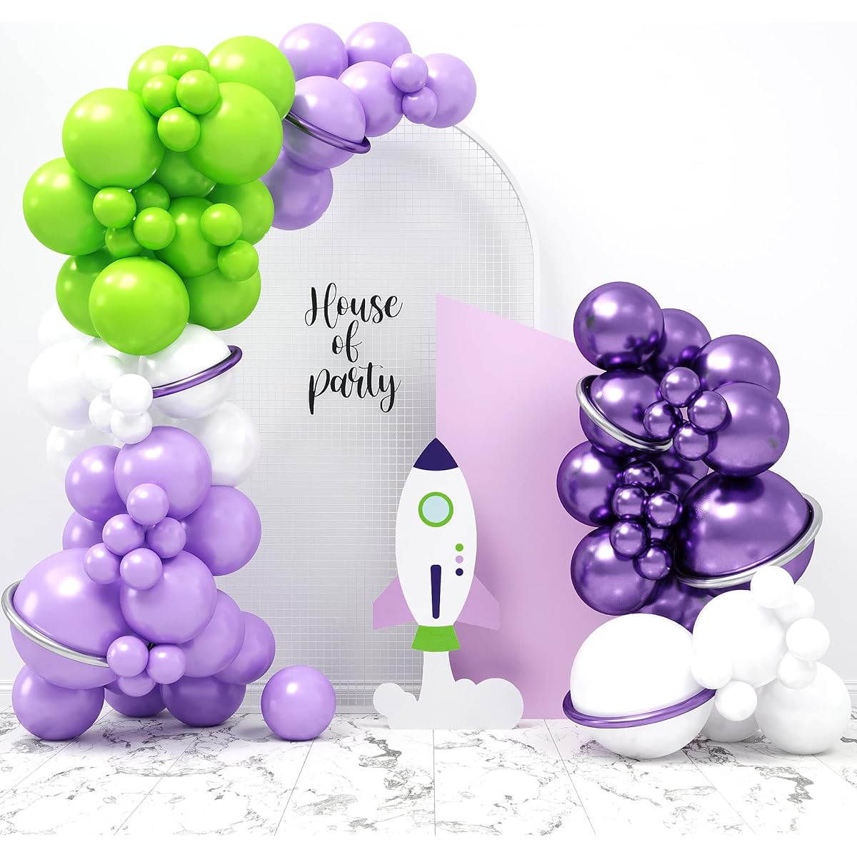 HOUSE OF PARTY Garland | Balloon Garland Light Year Party Supplies | 2 Infinity and More Birthday Decorations - Lilac, Chrome Purple, White, Lime Green Balloons
