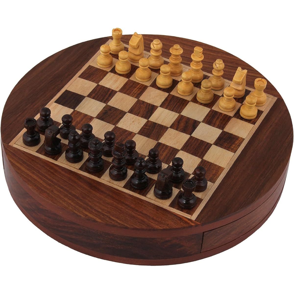 Wooden Chess Set with Drawer 9 Inch Diameter- A Beautiful Wooden Round Magnetic Chess with Drawer by Crafts'man. A