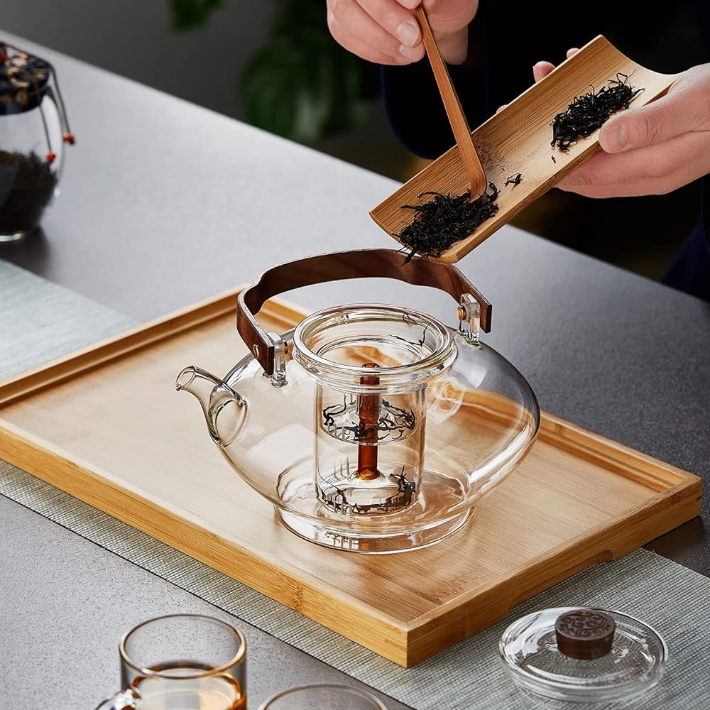 Unbreakable NB4017 Heat-resistant Glass Teapot, Large Capacity, Top Type, Wooden Handle, 1300ml, Yellow Court Lantern Design, Includes Both-Use Tea Strainer, Tea Jumping, Microwave Safe