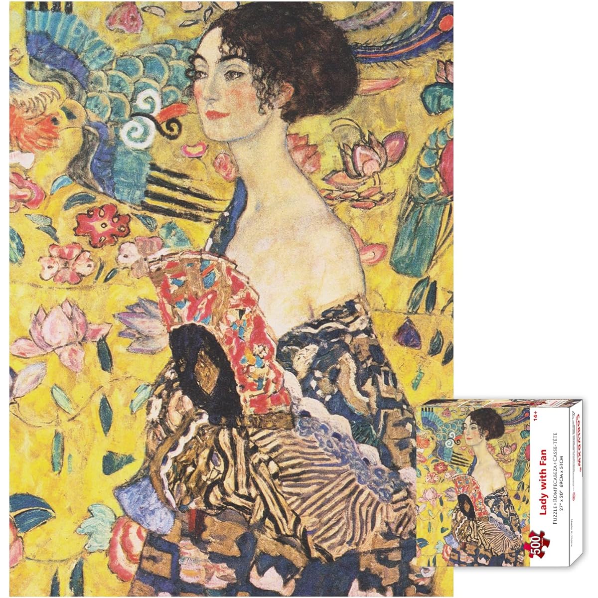 CGRLVDXW Woman with Fan 500 Piece Puzzle for Adults 500 Piece Puzzle by Artist Gustav Klimt 27" x 20" Matching Art Jigsaw Puzzle