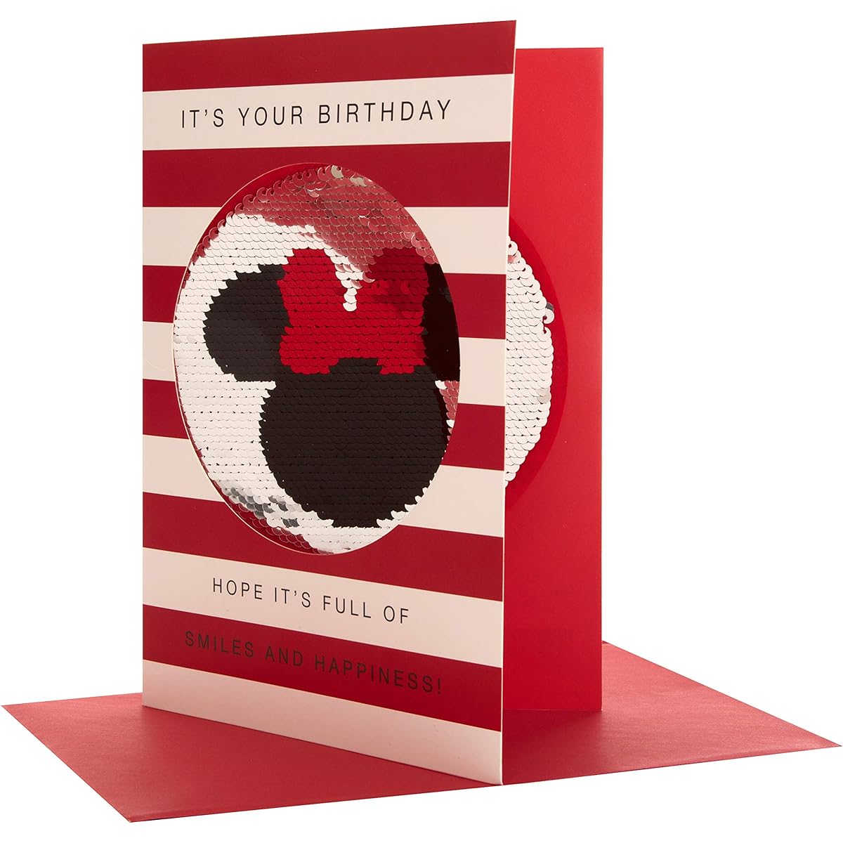 Hallmark Large Birthday Card Disney Minnie Mouse Die-Cut Sequin Design Red Black Orange Beige