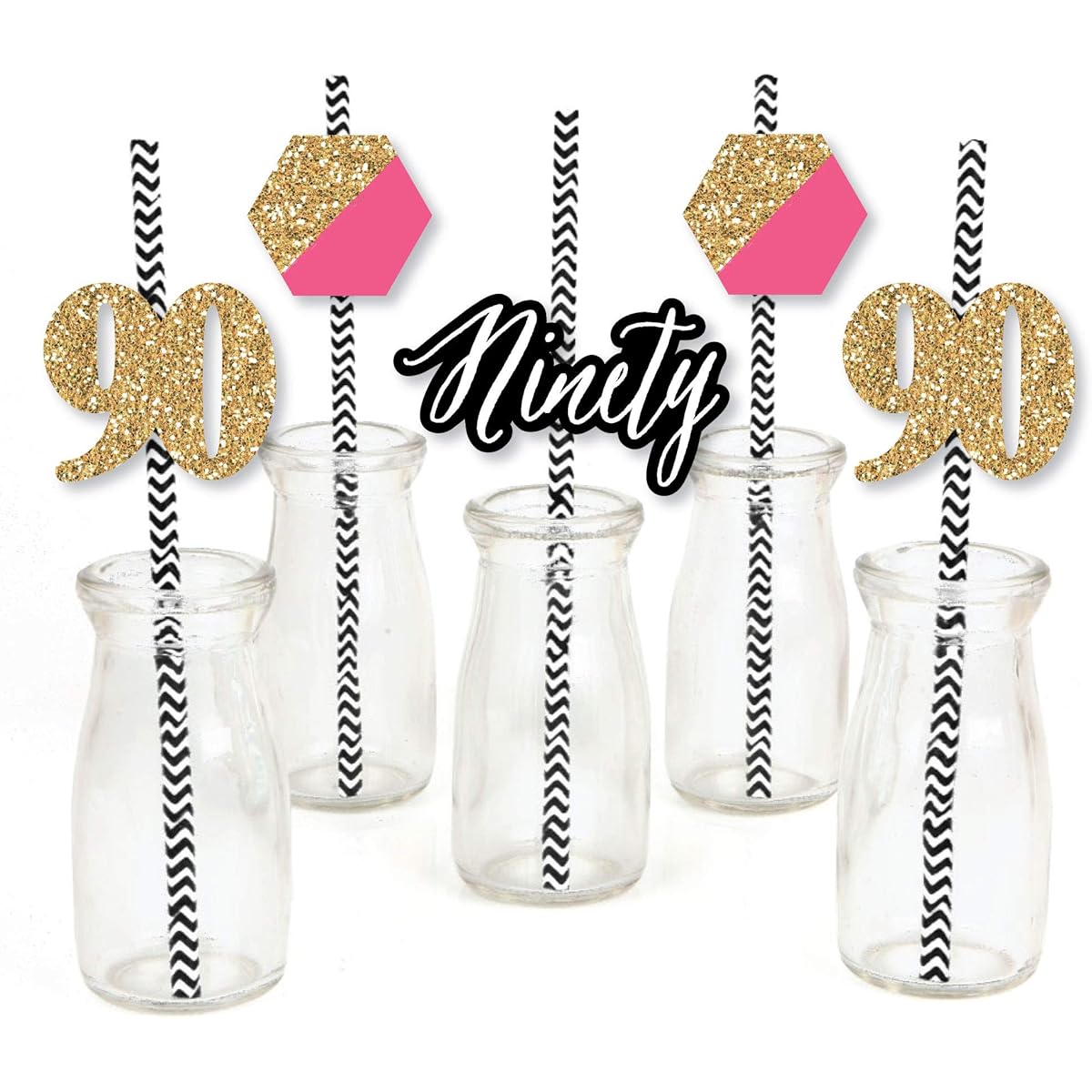 Big Dot of Happiness Chic 90th Birthday - Pink, Black, Gold - Paper Straw Decorations - Birthday Party Striped Decorative Straws - Set of 24