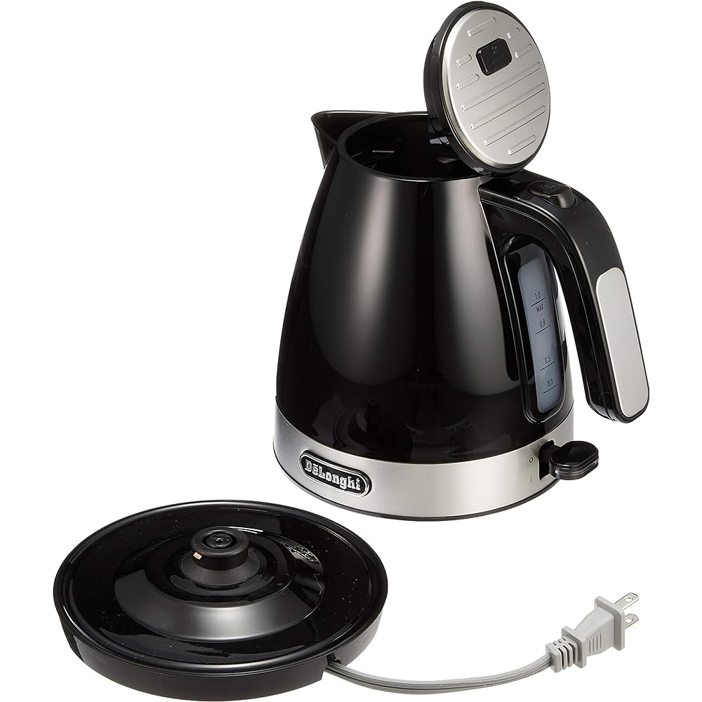 DeLonghi De'Longhi Electric Kettle Active Series KBLA1200J-BK Italian Design 1.0L One Push Open Foreign Matter Prevention Filter Easy to See Water Meter Power Cord Holder [Intense Black] 3 Year Warranty with Family Registration