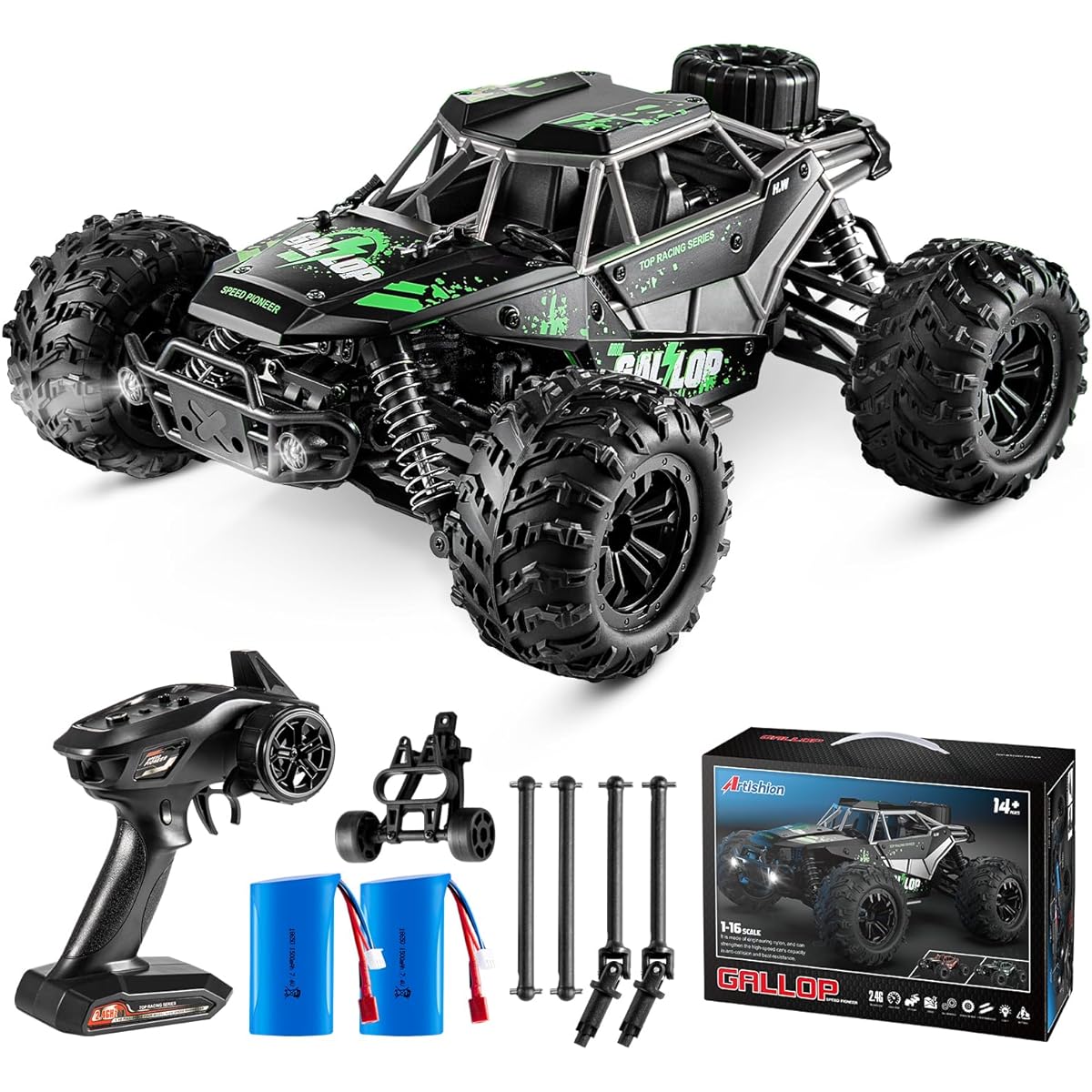 ARTISHION 1:16 Scale Remote Control Car 4WD 35Km/h High Speed All-Terrain Electric Vehicle 2.4GHz RC (Green)