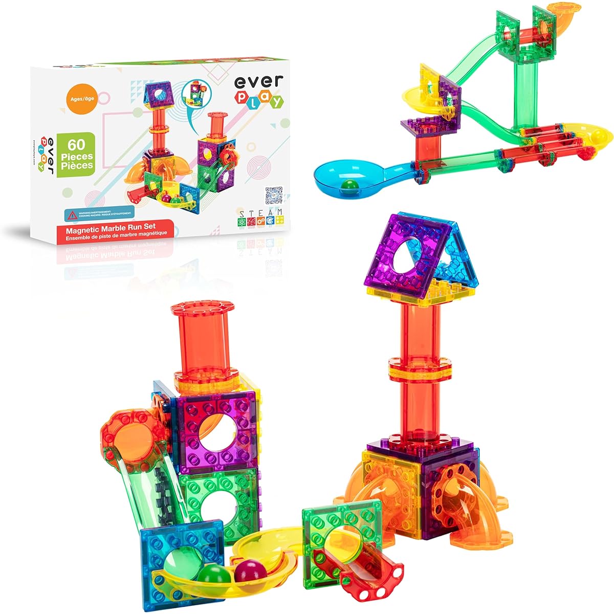 EverPlay 60 Pieces Marble Run Magnetic Building Toys, Magnet Tile Building Blocks STEM Learning Educational Toy Playset for Toddlers Preschoolers Boys Girls Kids Unlimited Creativity Ages 6+