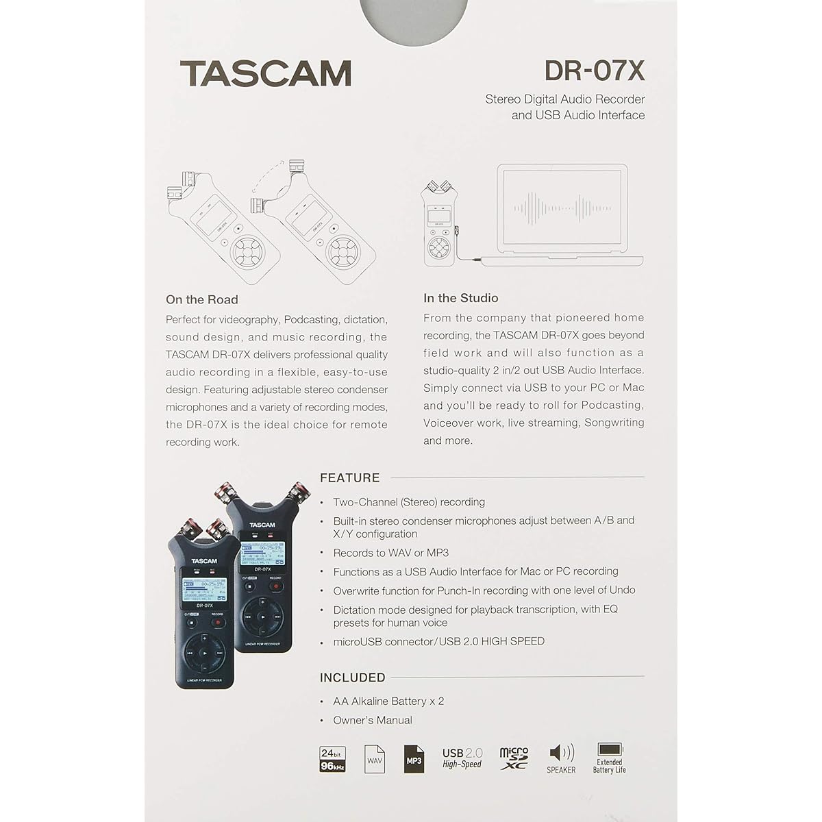 TASCAM DR-07X USB Audio Interface Stereo Linear PCM Recorder Handy Recorder USB Microphone Youtube ASMR 24bit 96kHz High Resolution
