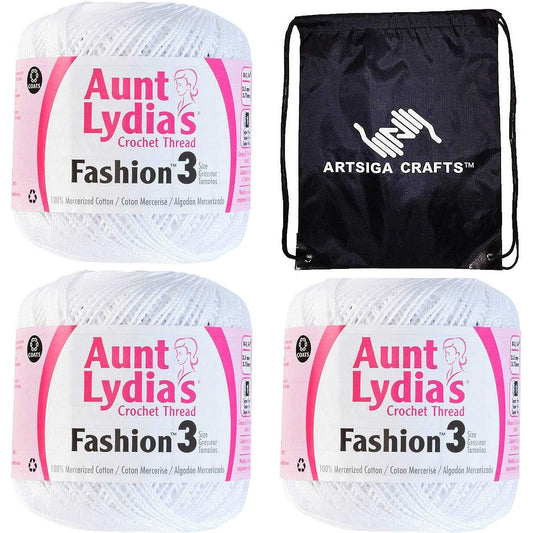 Aunt Lydia Crochet Yarn Fashion Size 3 White 182-201 (3 Walls) Same Dye Lot Fashion Size 3 Soft 100% Mercerized Cotton Bundle with 1 Artsiga Craft Bag