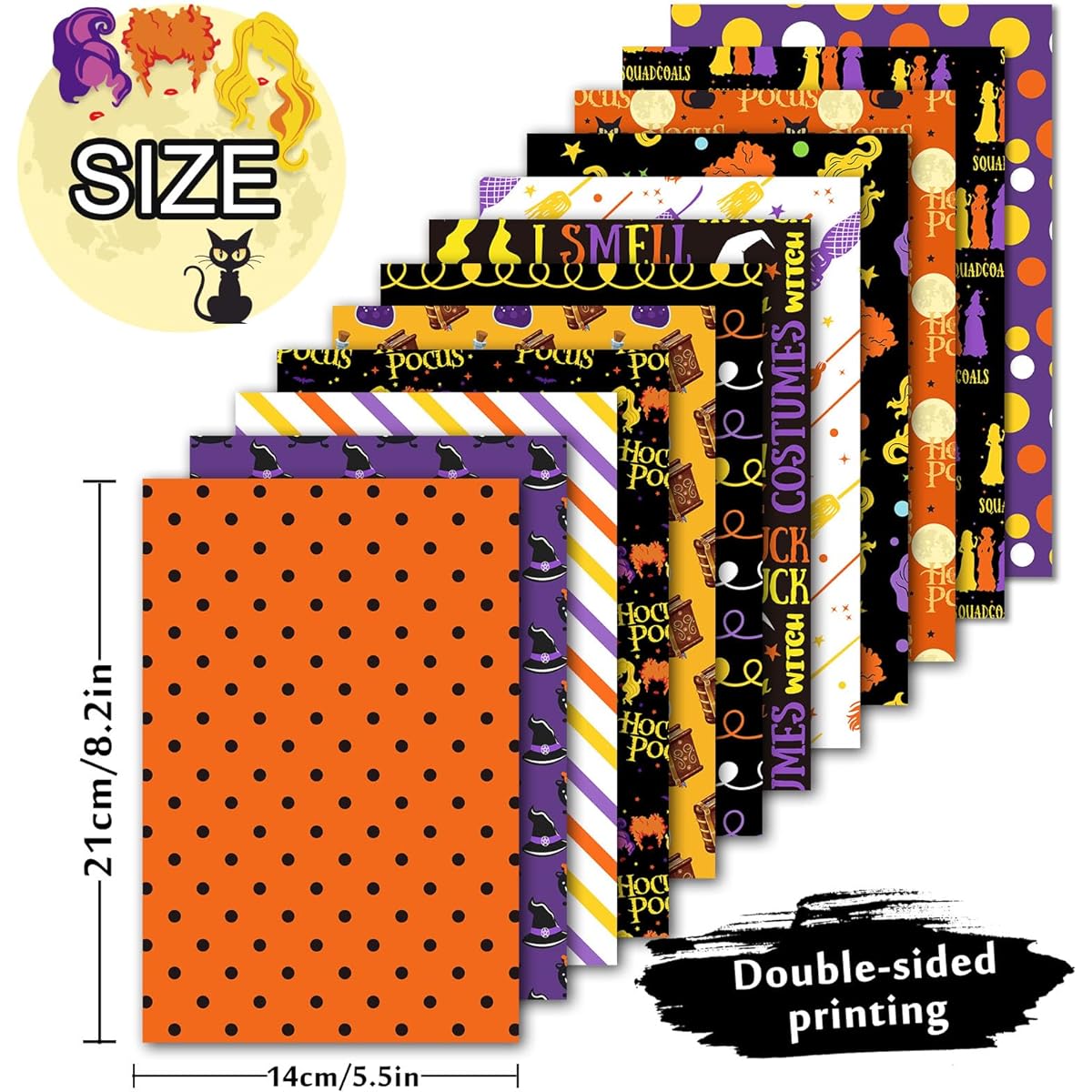 Whaline 60pcs Hocus Pocus Pattern Paper Halloween Witch Scrapbook Specialty Paper Double Sided Cat Dots Stripes Decorative Craft Paper for DIY Card Making Photo Album Journal Decoration 5.5 x 8.3 Inch