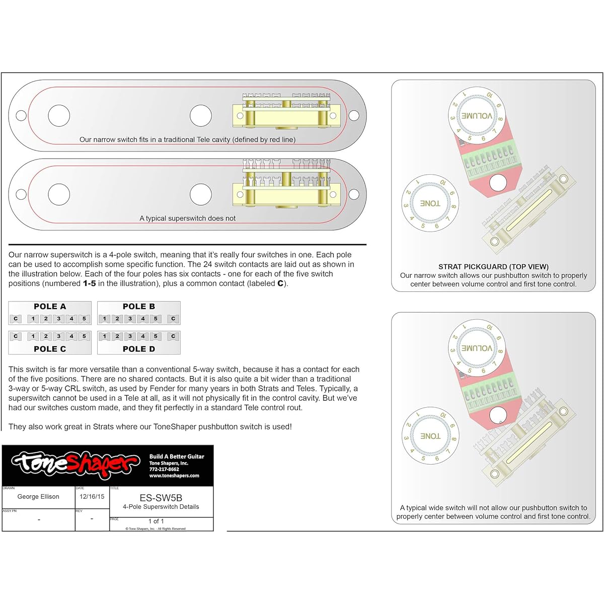 ToneShapers Wiring Kit for Telecaster HH1 (Big Apple - 4 conductor humbucker required)