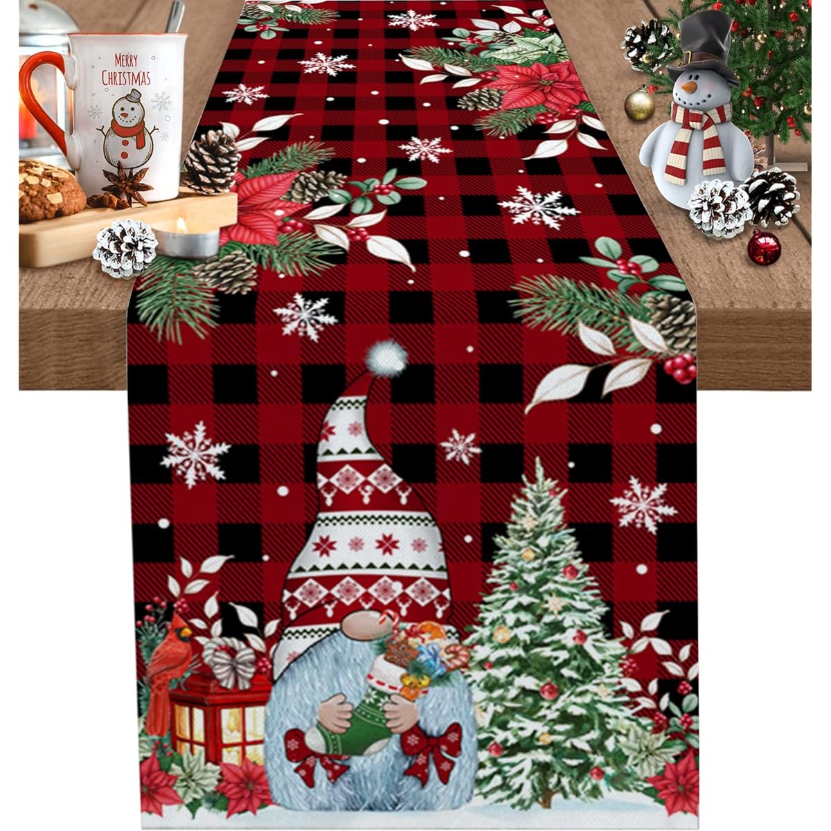 Christmas Red Truck Table Runner Kitchen Decor Seasonal Winter Holiday Table Decorations for Wedding Holiday Party Red Plaid Wood Christmas Tree Snowman Farmhouse Decor Burlap Table Runner 13x72 Inch