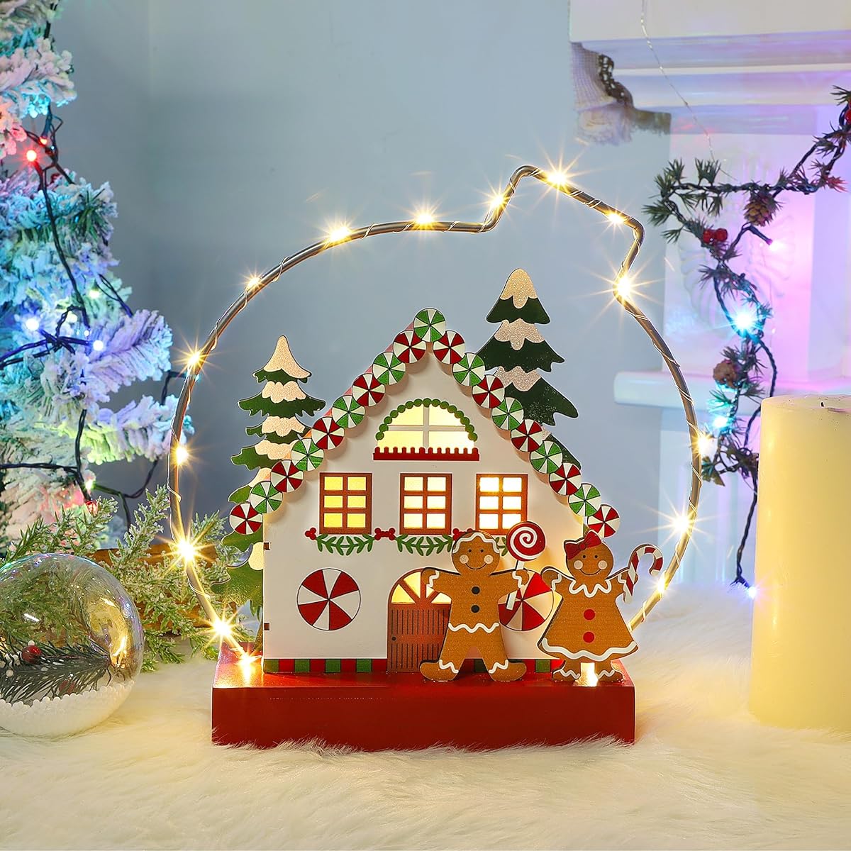 Lulu Home Christmas Tabletop Decor Wooden Pre-Lighted Christmas Gingerbread Man House Ornament Metal Frame Battery Operated Light Up Holiday Sign Indoor Mantle Shelf Decor