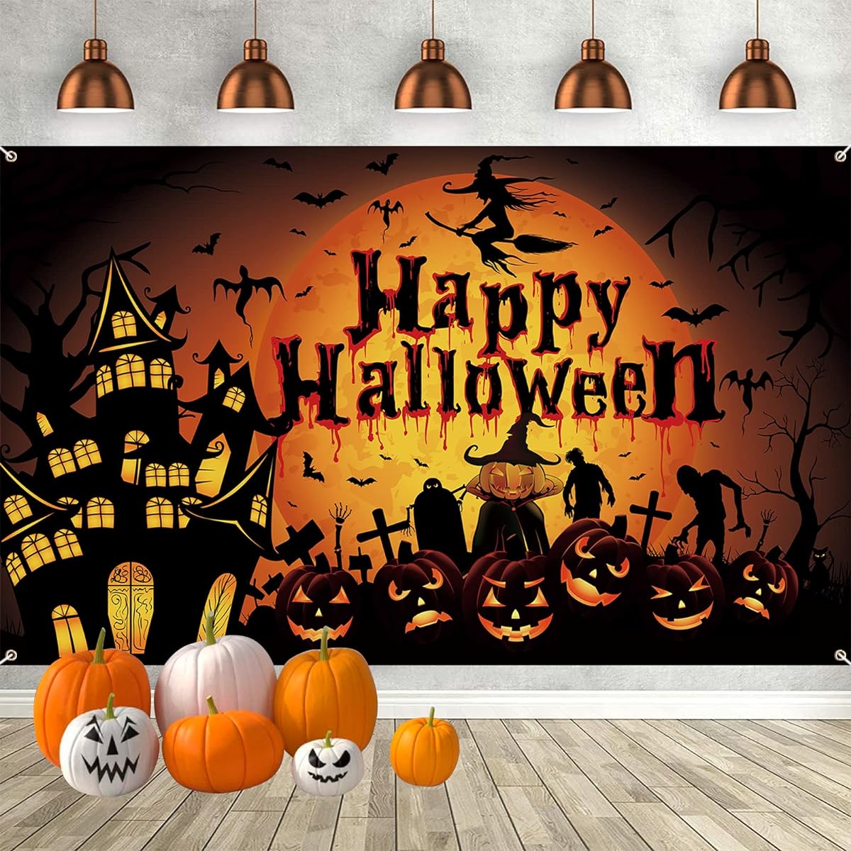 Happy Halloween Backdrop Large Fabric Banner Moonlight Ghost Black Pumpkin Bat Castle Orange Black Banner Witch Photo Booth Background Scary Halloween Party Decorations Supplies 43 x 73 Inch
