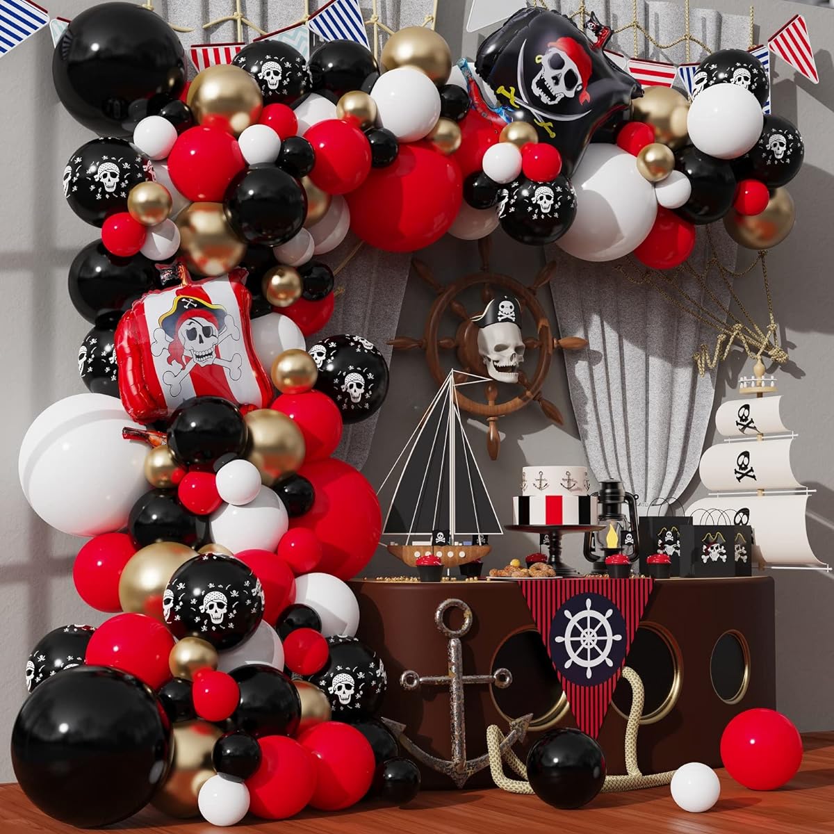 Pirate Balloon Garland Kit Red Black White Skull Metallic Gold Balloon Arch Pirate Ship Theme Sea Sailing Graduation Halloween Baby Shower Boy Birthday Party Decoration Supplies 120pcs