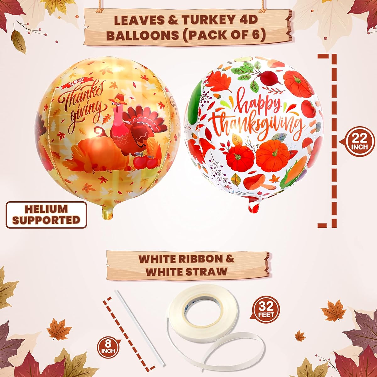 KatchOn Thanksgiving Balloons for Thanksgiving Decorations - 22" 6pcs | 4D Thanksgiving Mylar Balloons | Thanksgiving Party Decorations | Happy Thanksgiving Foil Balloons | Turkey Balloons