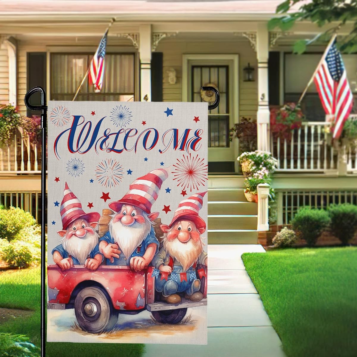 Dacawin Patriotic Gnome Garden Flag for 4th of July 12x18 Inch Double Sided Welcome Independence Day Memorial Day Burlap Yard Flag for Holidays Yard Outdoor Decor