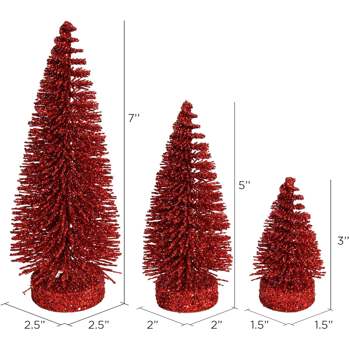 Vickerman Glitter Oval Pine Artificial Christmas Trees, Set of 3, 3"-5"-7", Red