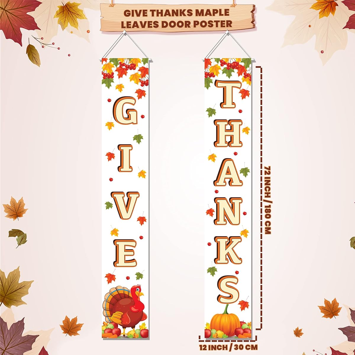 KatchOn Happy Thanksgiving Banner 72x12inch "Give Thanks" Banner, "Give Thanks" Hanging Banner, Happy Thanksgiving Door Banner, "Give Thanks" Vertical Banner, Harvest Thanksgiving Decorations