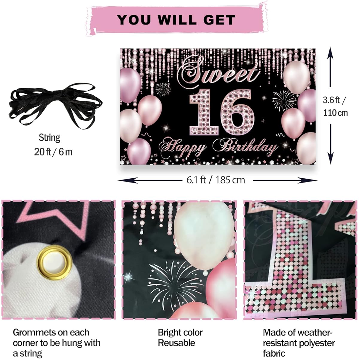 HTDZZI Sweet 16th Birthday Decorations Happy 16th Birthday Banner Backdrop for Girls Pink Sweet Sixteen Party Yard Sign Decor Sweet 16 Photo Booth Props Backdrop Fabric 6' x 3'